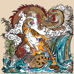 Fototapeta na wymiar Chinese dragon and tiger in the landscape with waterfall , rocks ,plants and clouds . Two spiritual creatures in the Buddhism representing the spirit heaven and matter earth. Vector illustration