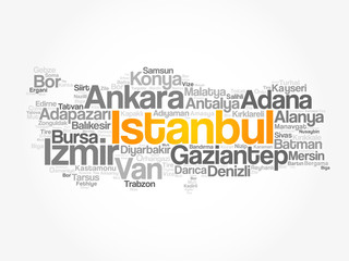 List of cities in Turkey word cloud map, concept background