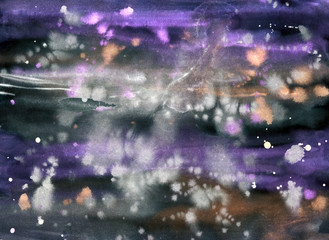 Abstract watercolor texture on wet paper. Hand drawing illustration in grunge style. Purple and orange ink background with spray, drops.