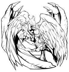 Line art illustration of Archangel Michael defeating Satan.