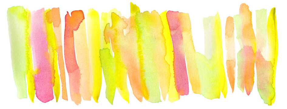 Colorful watercolor hand painted brush strokes, striped background. Abstract aquarelle striped texture, illustration isolated on white background. Gradient banner.