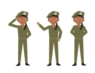 Female soldiers with green uniform and different poses - Stand, Hello, Salute