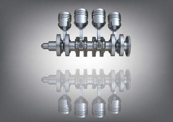 Silver car engine on a gray