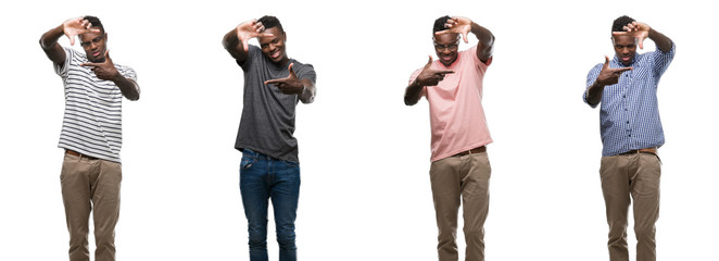 Fototapeta premium Collage of african american man wearing different outfits smiling making frame with hands and fingers with happy face. Creativity and photography concept.