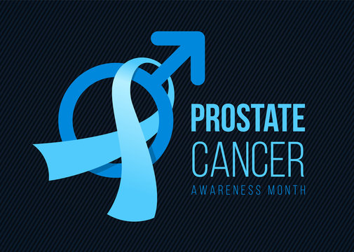 Prostate cancer Awareness month banner with blue light ribbon and male sign on dark background vector design