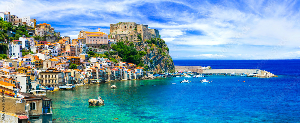 Poster scenic places of italy . beautiful beaches and towns of calabria - scilla. italian summmer holidays.