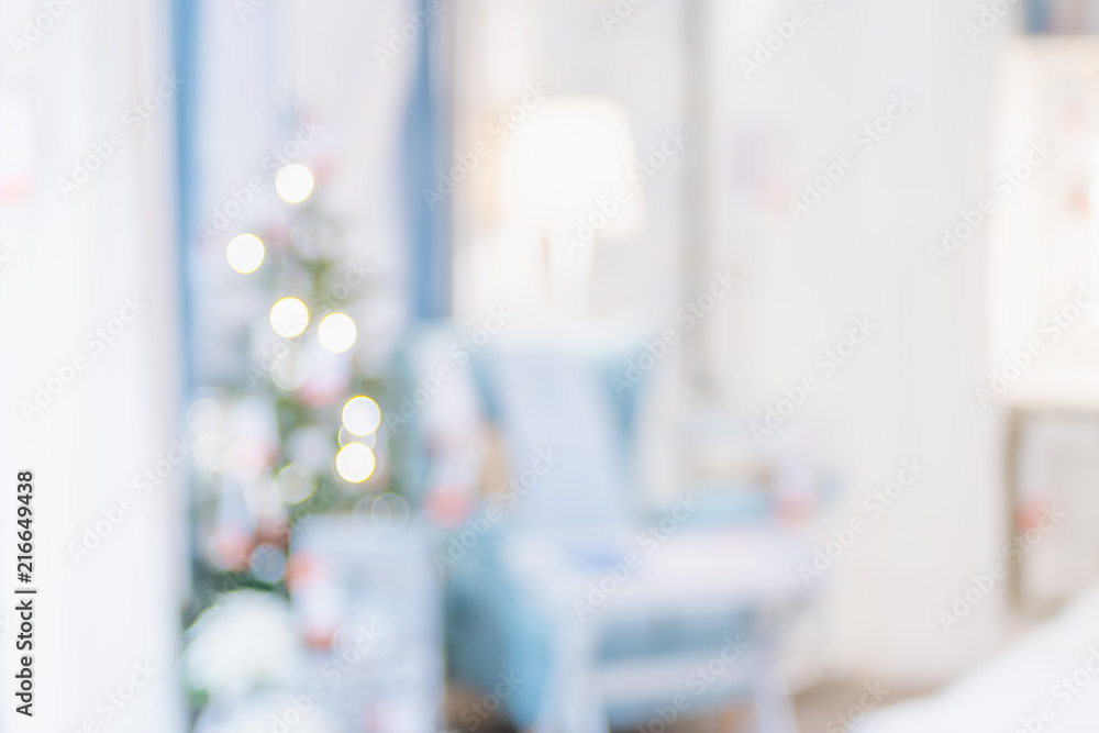 Poster christmas tree with light string and ball decoration with abstract blur living room bokeh light back