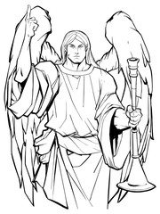Line art portrait of Archangel Gabriel praising the lord and holding a trumpet. 