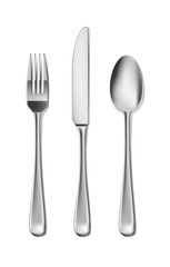 Steel Cutlery, knife, fork and spoon in realistic style. Fork and knife spoonset design isolated on white. Vector illustration