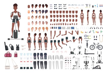 African American sportswoman or female athlete DIY or animation kit. Set of slim girl's body parts, sports apparel, gym exercise machines isolated on white background. Cartoon vector illustration.