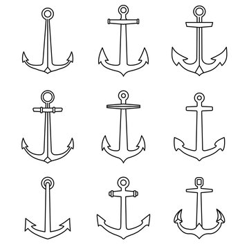 Naklejki Anchor outline icons set. Marine and nautical emblems collection.