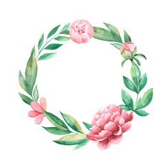 Watercolor floral wreath on a white background. Peonies, buds, leaves, branches, foliage. Perfect for weddings, design invitations, thank you, postcards.