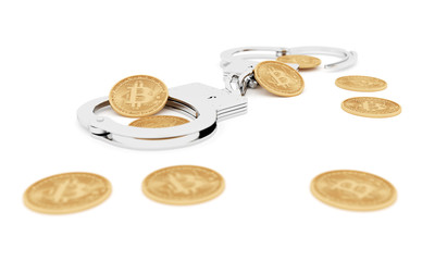 The ban on the use of crypto currency in countries. The concept of Bitcoin in handcuffs.