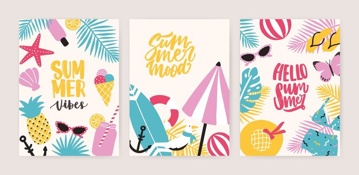 Collection of summer card or flyer templates with decorative summertime lettering and tropical exotic paradise beach attributes. Colorful creative seasonal vector illustration in flat cartoon style.