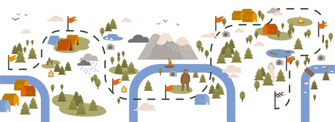 Horizontal banner with trail map, hiking route or footpath decorated with touristic areas, camping locations and landmarks marked by flags. Colorful vector illustration in flat cartoon style.