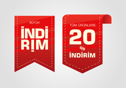 İndirim etiketleri yazilari. Translation from turkish: Sale offer badges. Red promo seals/stickers. Isolated vector illustration