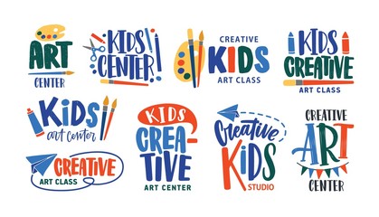 Collection of letterings handwritten with calligraphic fonts for logo of art class or creative studio for children. Set of inscriptions for kids' creativity center logotype. Vector illustration.