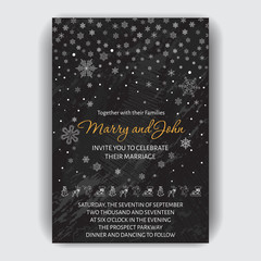 Vector illustration sketch Hjliday. Invitation for a winter wedding. Greeting card with snowflakes.
