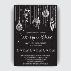 Vector illustration sketch Hjliday. Invitation for a winter wedding. Greeting card with snowflakes.