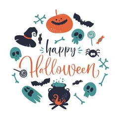 Happy Halloween set. Vector hand drawn elements with lettering isolated on white background.