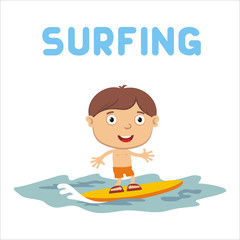 Vector illustration of little boy surfer on wave, isolated on white background.