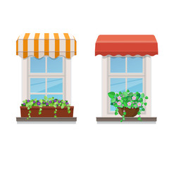 Obraz premium Two windows with awnings and flowers in pots
