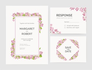 Set of gorgeous wedding invitation, save the date and response card templates decorated by magnolia tree flowers hand drawn on white background. Natural vector illustration for event celebration.