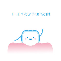 Vector illustration of children congratulations on first tooth. Cute smiling newborn tooth waving and saying hello
