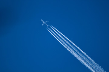 Shot of a jet plane high against the blue sky.