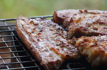 delicious food pork grilling on hot charcoal