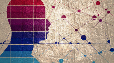 Silhouette of a man head. Mental health relative brochure, report design template. Scientific medical designs. Connected lines with dots.