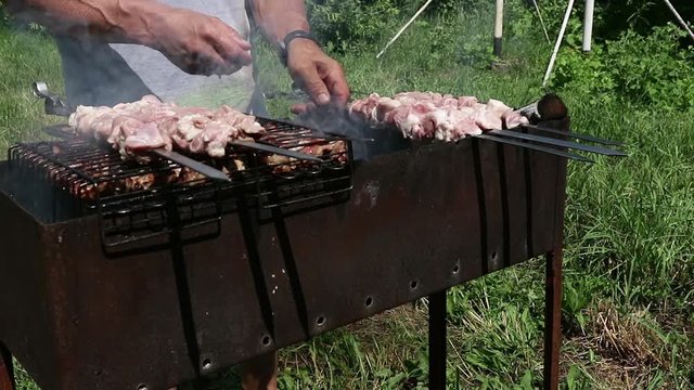 Open-air barbecue, juicy meat on the grill. hot coals and fumes