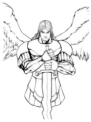 Line art portrait of Archangel Michael holding his sword. 