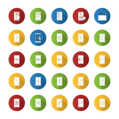 Smartphone flat design long shadow glyph icons set