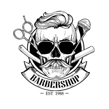 Barbershop logo, angry sticker with skull