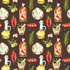 watercolor drawings. Greek cuisine, seamless pattern