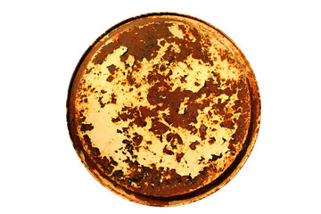 Flaking paint on rusty metal dish, isolated on white background