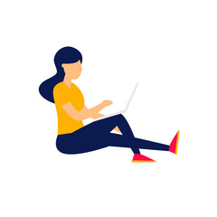 Girl sitting with laptop. Flat style vector illustration.