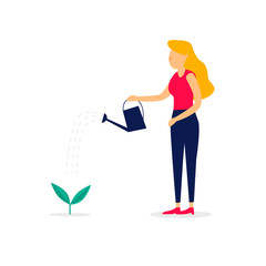 Business Woman watering a plant, profit, growth, business. Flat style vector illustration.