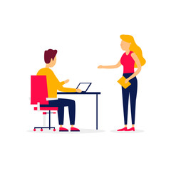 Teamwork, boss, meeting. Flat style vector illustration.