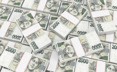 3D realistic render of 2000 stack czech crown ceska koruna national money in czech republic. Isolated on white background.