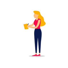 Businesswoman writes, report, character. Flat style vector illustration.