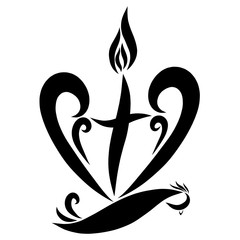 A flying bird with a cross and a flame