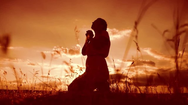 woman praying on her knees. Girl folded her hands in prayer silhouette at sunset. slow motion video. Girl folded her hands in prayer pray to God. the girl praying lifestyle asks forgiveness for sins
