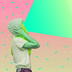 Green alien girl with a projector instead of a face emits light. Contemporary art collage. Concept of memphis style posters. Abstract minimalism