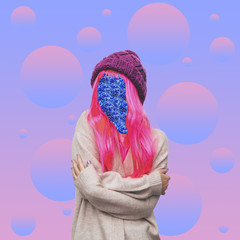 The girl with pink hair and floral pattern instead of a face in the background of bubbles. Contemporary art collage. Concept of memphis style posters. Abstract minimalism