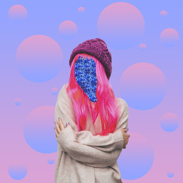 The girl with pink hair and floral pattern instead of a face in the background of bubbles. Contemporary art collage. Concept of memphis style posters. Abstract minimalism