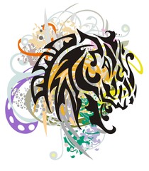 Ethnic horse head with colorful floral splashes. Grunge tribal flaming horse head with  color twirled floral elements isolated on a white background