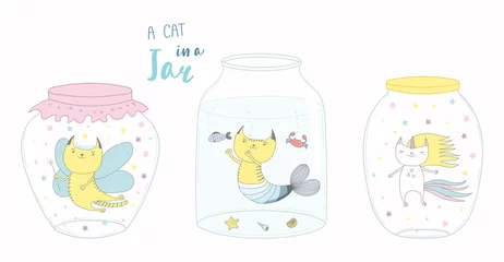 Keuken spatwand met foto Set of glass jars with cute funny cat fairy, unicorn, mermaid inside. Isolated objects on white background. Hand drawn vector illustration. Line drawing. Design concept for children print. © Maria Skrigan
