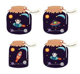 Set of glass jars with cute funny animal astronaut characters in space, inside. Isolated objects on white background. Hand drawn vector illustration. Line drawing. Design concept for children print.